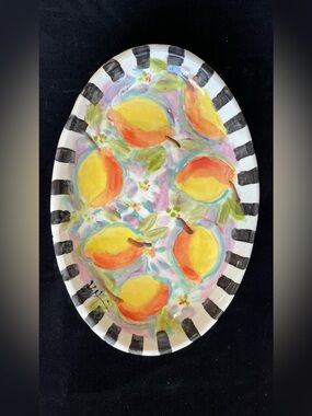 Handmade Large Ceramic Oval ServingPlatter Lemons On Pink 14”x10”Original Design